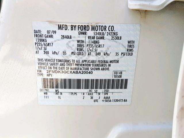 2FMDK3GCXABA20040 - 2010 FORD EDGE SE WHITE photo 10