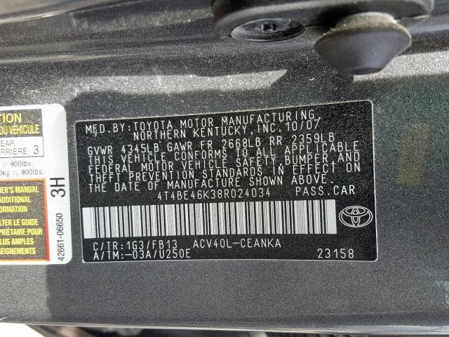 4T4BE46K38R024034 - 2008 TOYOTA CAMRY CE GRAY photo 10