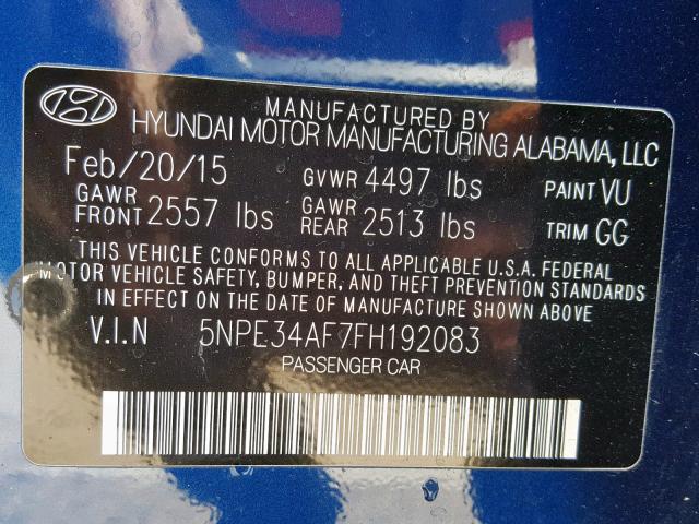 5NPE34AF7FH192083 - 2015 HYUNDAI SONATA SPO BLUE photo 10