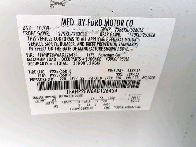 1FAHP2EW6AG126434 - 2010 FORD TAURUS SEL WHITE photo 10