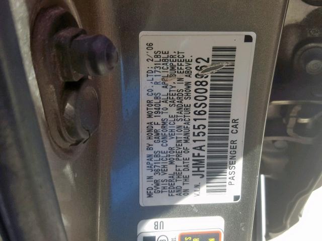 JHMFA15516S008962 - 2006 HONDA CIVIC LX BLUE photo 10