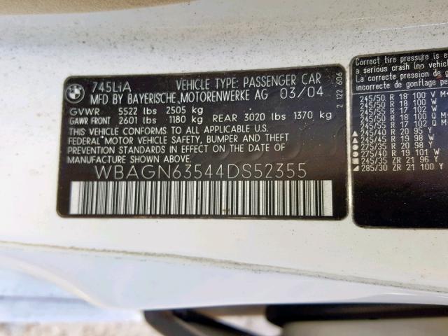 WBAGN63544DS52355 - 2004 BMW 745 LI WHITE photo 10