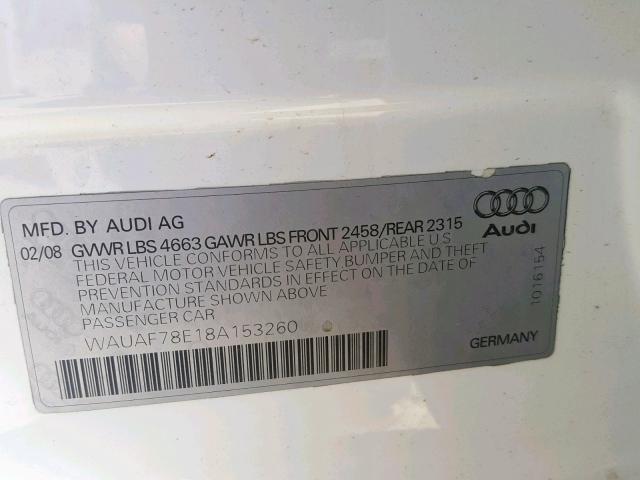 WAUAF78E18A153260 - 2008 AUDI A4 2.0T WHITE photo 10