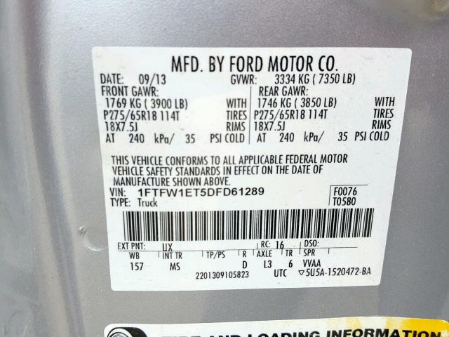 1FTFW1ET5DFD61289 - 2013 FORD F150 SUPER SILVER photo 10