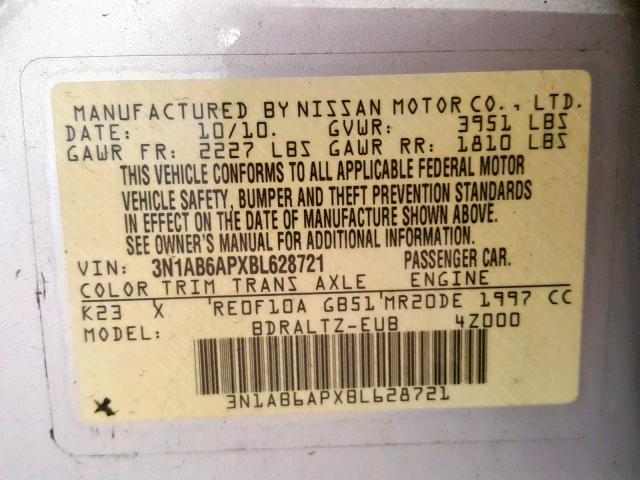 3N1AB6APXBL628721 - 2011 NISSAN SENTRA 2.0 GRAY photo 10