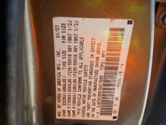 5J8TB18557A017685 - 2007 ACURA RDX TECHNO GRAY photo 10