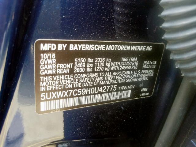 5UXWX7C59H0U42775 - 2017 BMW X3 XDRIVE35I  photo 10