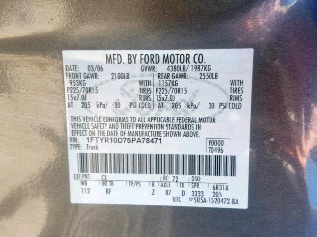 1FTYR10D76PA78471 - 2006 FORD RANGER GRAY photo 10