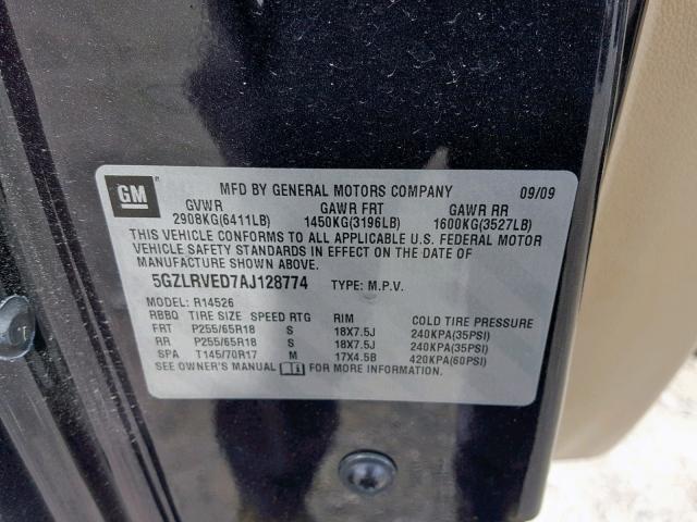 5GZLRVED7AJ128774 - 2010 SATURN OUTLOOK XR შავი ფოტო 10