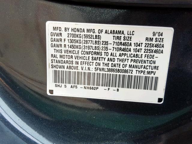 5FNRL38865B008672 - 2005 HONDA ODYSSEY TO GRAY photo 10