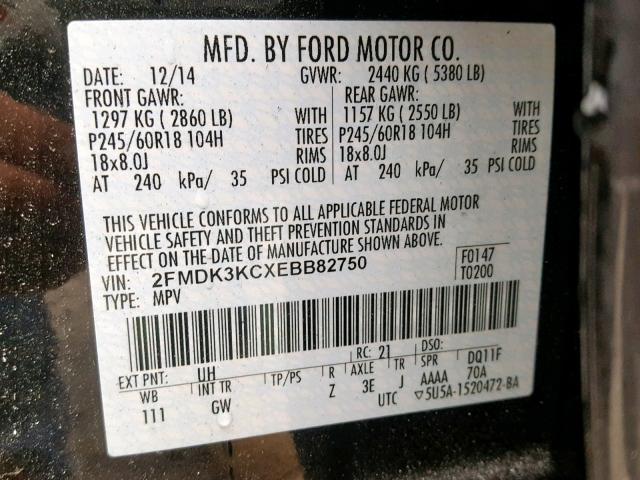 2FMDK3KCXEBB82750 - 2014 FORD EDGE LIMIT BLACK photo 10