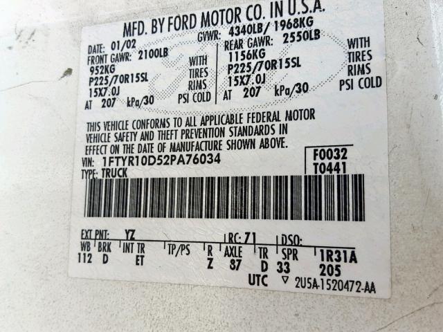 1FTYR10D52PA76034 - 2002 FORD RANGER WHITE photo 10