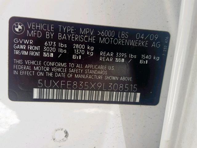 5UXFE835X9L308515 - 2009 BMW X5 XDRIVE4 WHITE photo 10