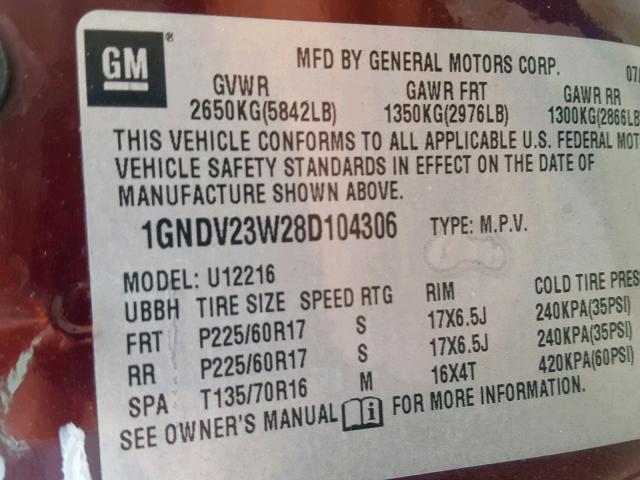 1GNDV23W28D104306 - 2008 CHEVROLET UPLANDER L 紫色 照片 10