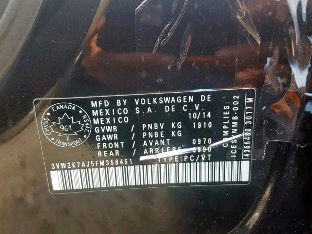 3VW2K7AJ5FM356451 - 2015 VOLKSWAGEN JETTA BASE BLACK photo 10