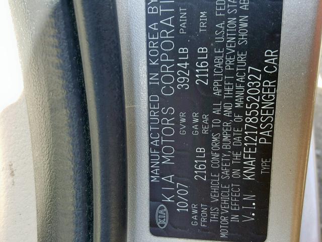 KNAFE121785520327 - 2008 KIA SPECTRA EX GOLD photo 10