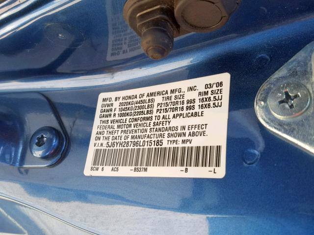 5J6YH28796L015185 - 2006 HONDA ELEMENT EX BLUE photo 10