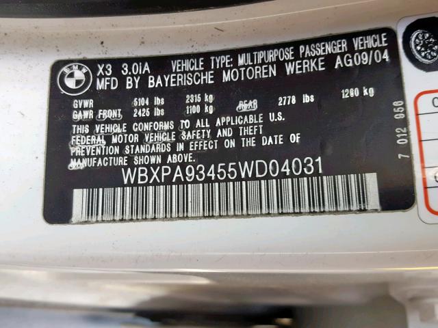 WBXPA93455WD04031 - 2005 BMW X3 3.0I WHITE photo 10