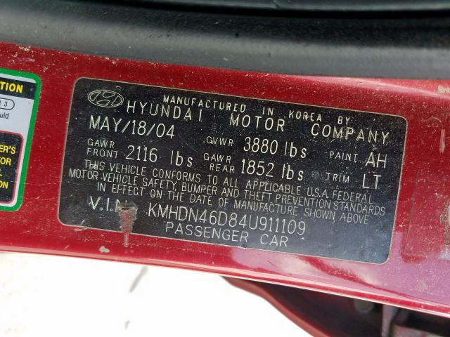 KMHDN46D84U911109 - 2004 HYUNDAI ELANTRA GLS  photo 10