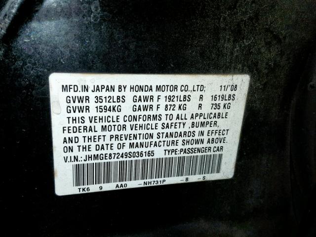 JHMGE87249S036165 - 2009 HONDA FIT BLACK photo 10