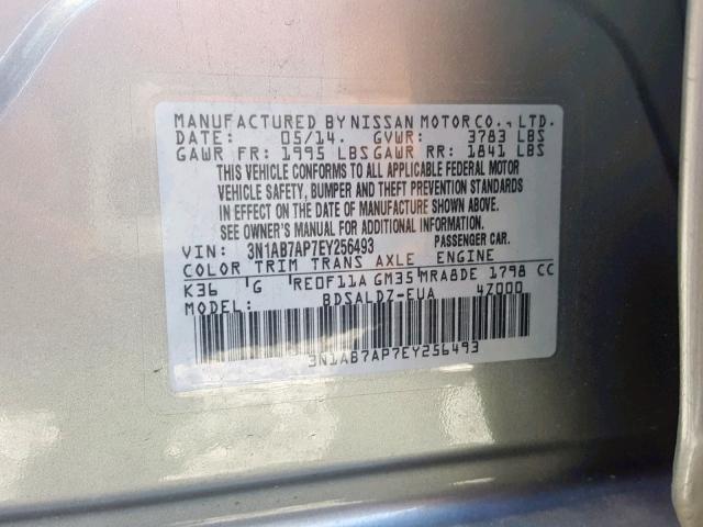 3N1AB7AP7EY256493 - 2014 NISSAN SENTRA S GRAY photo 10