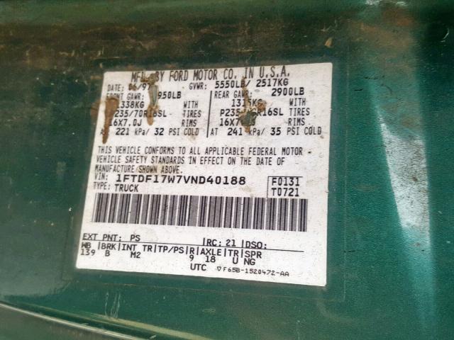 1FTDF17W7VND40188 - 1997 FORD F150 GREEN photo 10