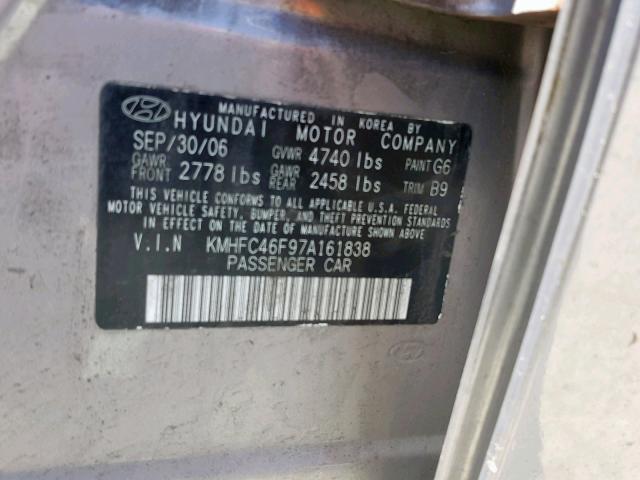 KMHFC46F97A161838 - 2007 HYUNDAI AZERA SE GRAY photo 10