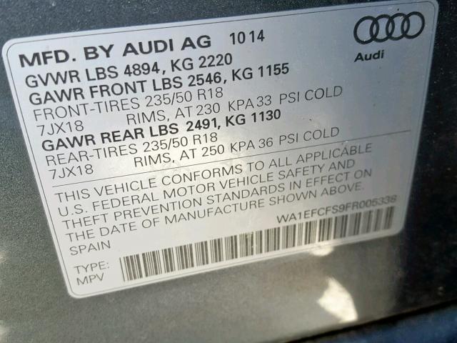 WA1EFCFS9FR005338 - 2015 AUDI Q3 PREMIUM GRAY photo 10