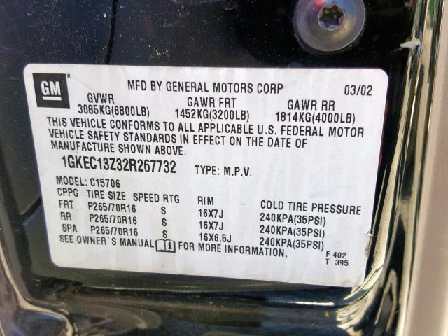 1GKEC13Z32R267732 - 2002 GMC YUKON BLACK photo 10