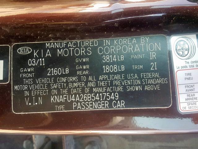 KNAFU4A26B5417549 - 2011 KIA FORTE EX BURGUNDY photo 10