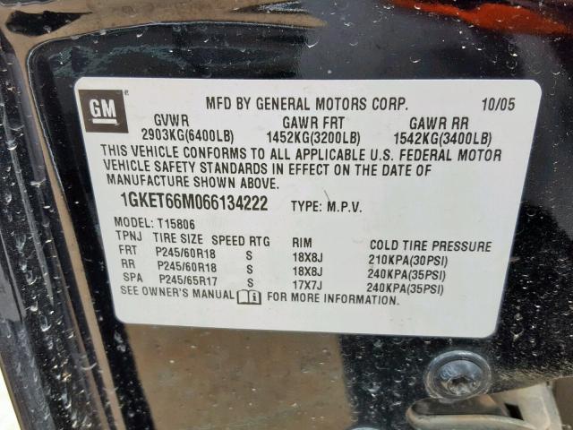 1GKET66M066134222 - 2006 GMC ENVOY DENA BLACK photo 10