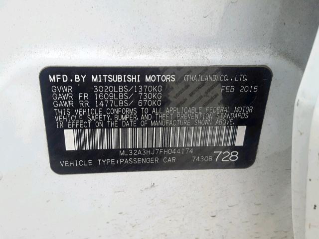 ML32A3HJ7FH044174 - 2015 MITSUBISHI MIRAGE DE WHITE photo 10