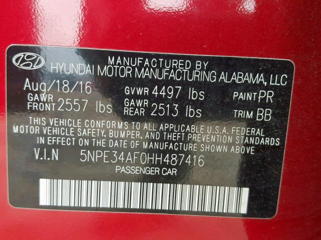 5NPE34AF0HH487416 - 2017 HYUNDAI SONATA SPO RED photo 10