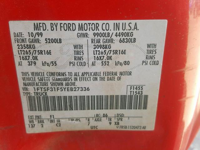 1FTSF31F5YEB27336 - 2000 FORD F350 SRW S RED photo 10