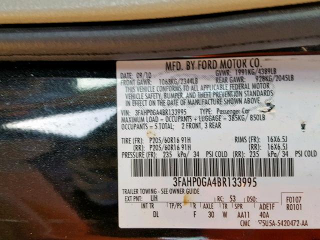 3FAHP0GA4BR133995 - 2011 FORD FUSION S BLACK photo 10