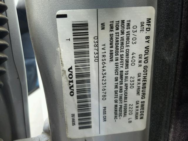 YV1RS64A342316780 - 2004 VOLVO S60 SILVER photo 10