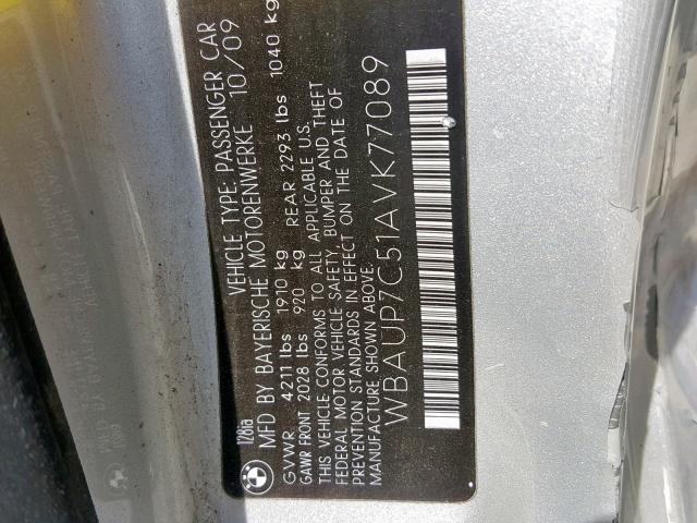 WBAUP7C51AVK77089 - 2010 BMW 128 I SILVER photo 10