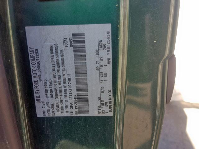 3FAFP313X1R174813 - 2001 FORD FOCUS ZX3 GREEN photo 10