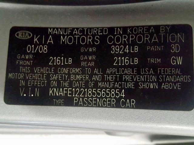 KNAFE122185565854 - 2008 KIA SPECTRA EX SILVER photo 10