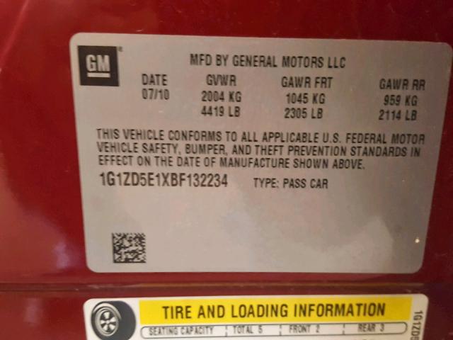 1G1ZD5E1XBF132234 - 2011 CHEVROLET MALIBU 2LT RED photo 10