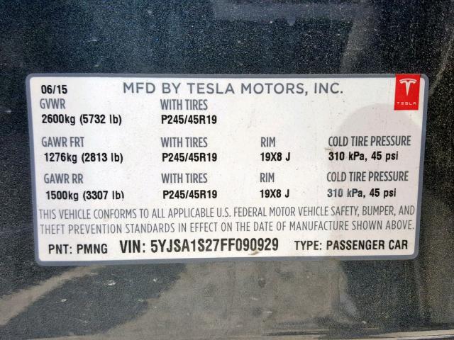 5YJSA1S27FF090929 - 2015 TESLA MODEL S 70 BLACK photo 10