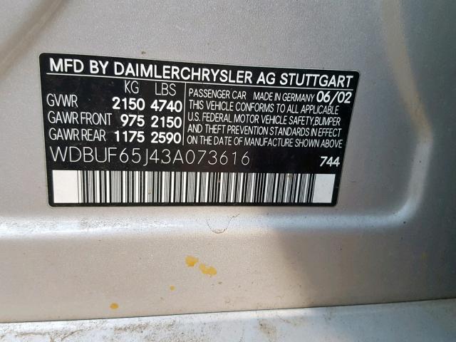 WDBUF65J43A073616 - 2003 MERCEDES-BENZ E 320 SILVER photo 10