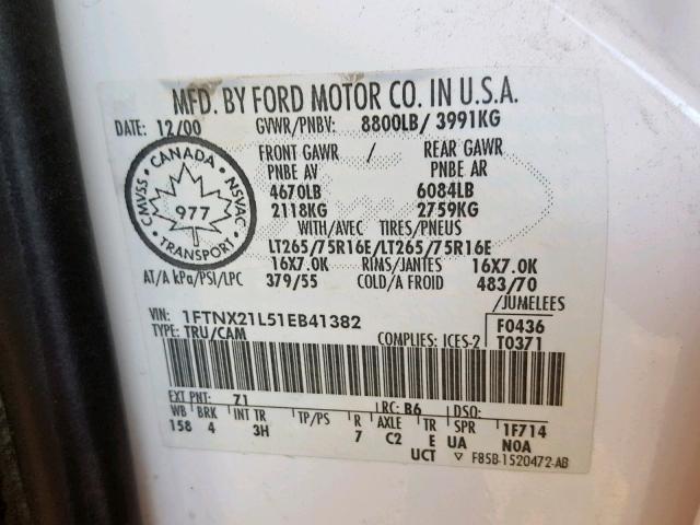 1FTNX21L51EB41382 - 2001 FORD F250 SUPER WHITE photo 10