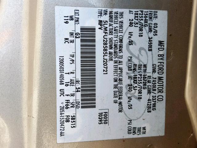 5LMFU28585LJ20721 - 2005 LINCOLN NAVIGATOR ბეჟი ფოტო 10