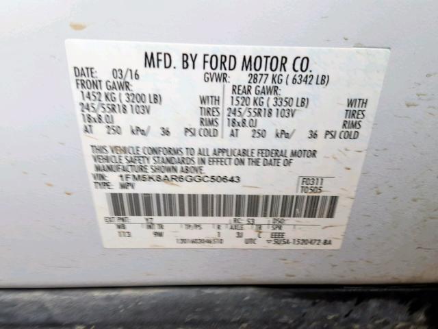 1FM5K8AR6GGC50643 - 2016 FORD EXPLORER P WHITE photo 10