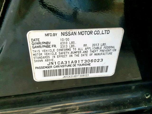 JN1CA31A91T306023 - 2001 NISSAN MAXIMA GXE BLACK photo 10