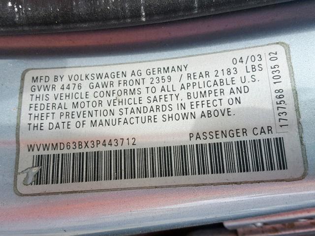 WVWMD63BX3P443712 - 2003 VOLKSWAGEN PASSAT GL BLUE photo 10