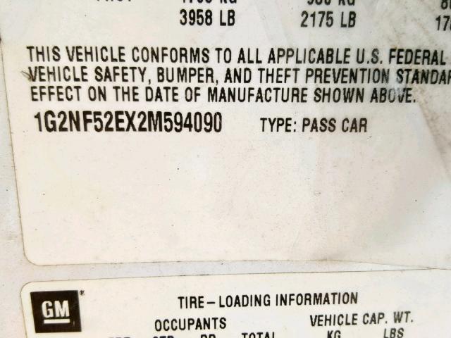 1G2NF52EX2M594090 - 2002 PONTIAC GRAND AM S WHITE photo 10