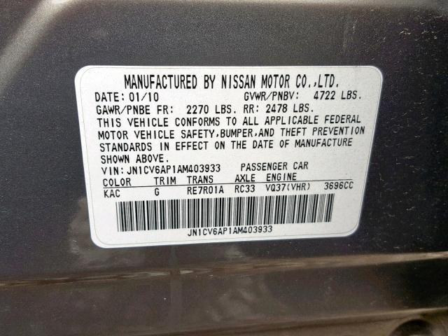 JN1CV6AP1AM403933 - 2010 INFINITI G37 BASE GRAY photo 10