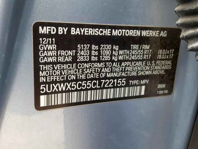 5UXWX5C55CL722155 - 2012 BMW X3 XDRIVE2 BLUE photo 10
